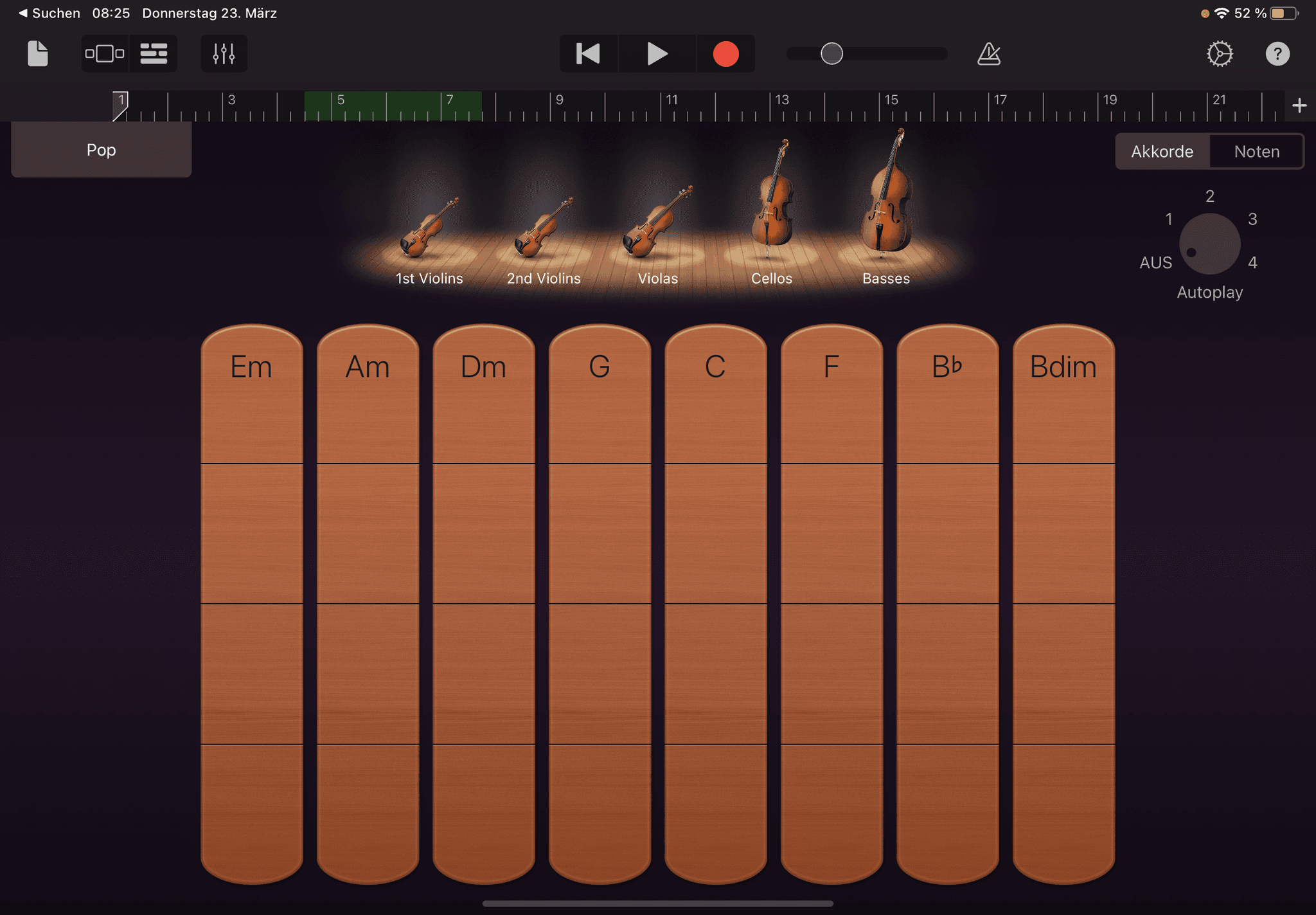 Ansicht von den GarageBand Instrumenten